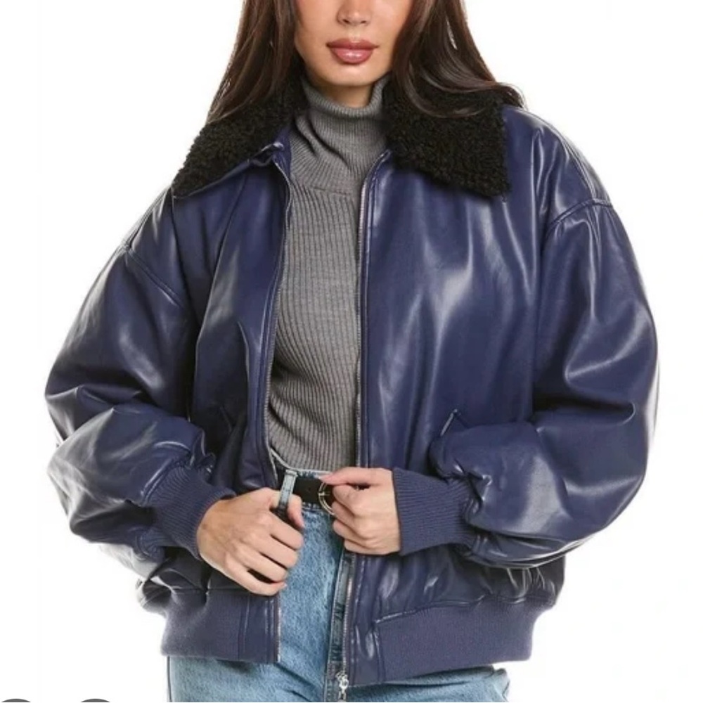 Faux Leather Bomber Jacket with Faux Shearling Collar